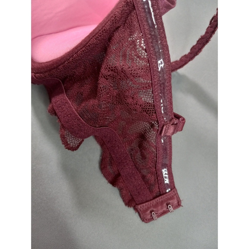 Victorias Secret PINK Push Up Bra 32D Burgundy Wine Lace Satin Underwire - Picture 4 of 6